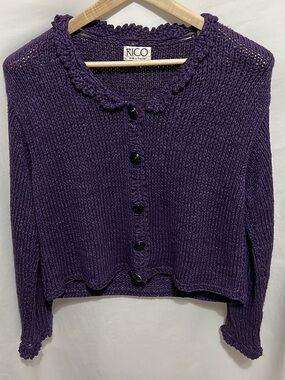 Women's Rico Size Medium Vintage Crochet Purple Button Knit Cottage Core Sweater